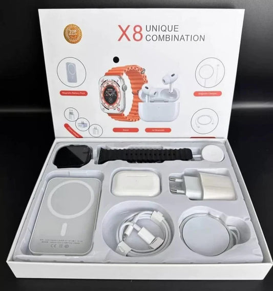Potpuni set s Smartwatchom X8 2", bežičnim in-ear slušalicama, punjačem, kablovima, vanjskom baterijom - 8 u 1