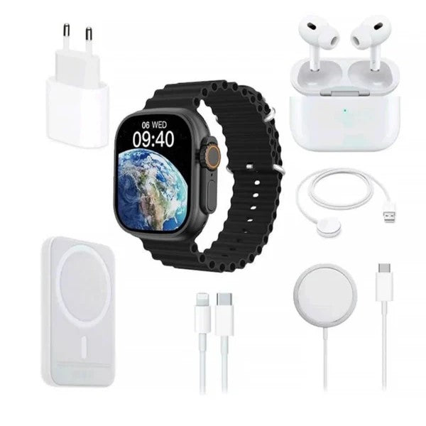 Potpuni set s Smartwatchom X8 2", bežičnim in-ear slušalicama, punjačem, kablovima, vanjskom baterijom - 8 u 1
