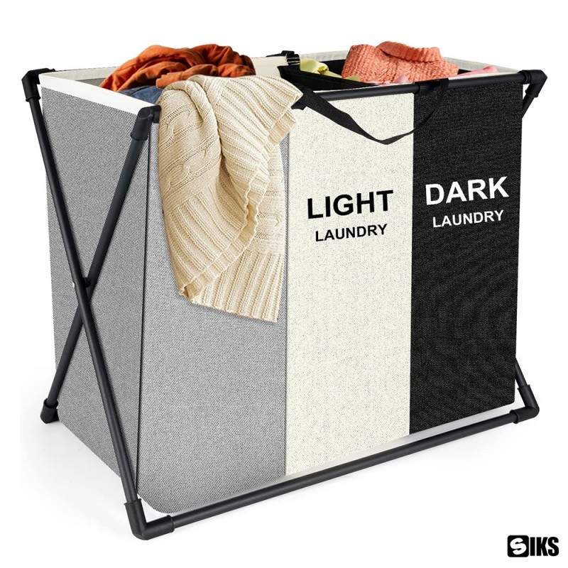 Košara za prljavo rublje s 3 pretinca, sklopiva, za sortiranje i organizaciju odjeće, tekstilni materijal, aluminijski okvir, dimenzije 62 x 34 x 56 cm