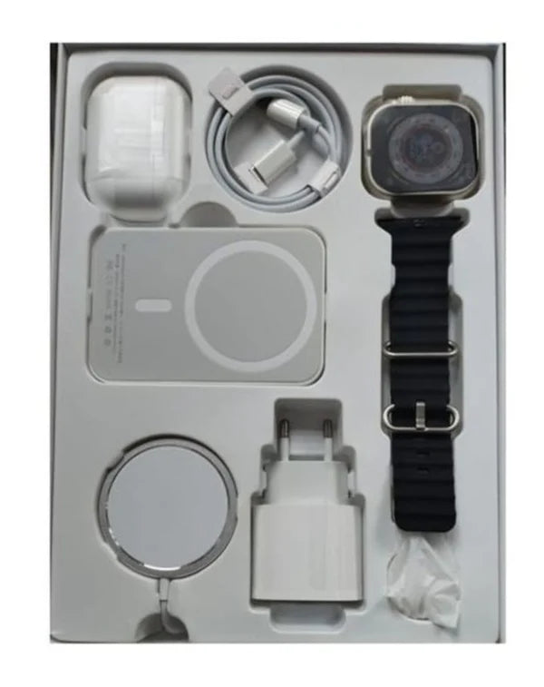 Potpuni set s Smartwatchom X8 2", bežičnim in-ear slušalicama, punjačem, kablovima, vanjskom baterijom - 8 u 1