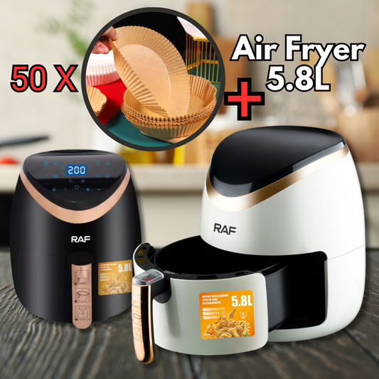 Ponuda: Air Fryer Deluxe Kapacitet 5.8L, 1500W, Cirkulacija Zraka 360°, Dodirni Ekran + Set 50 Papira za Pečenje za AirFryer