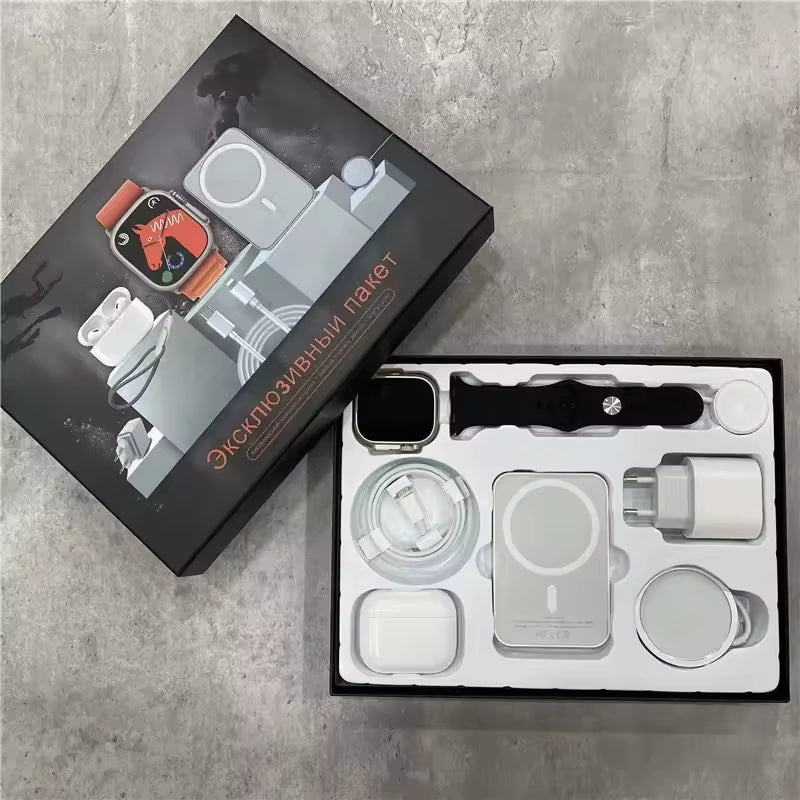 Potpuni set s Smartwatchom X8 2", bežičnim in-ear slušalicama, punjačem, kablovima, vanjskom baterijom - 8 u 1