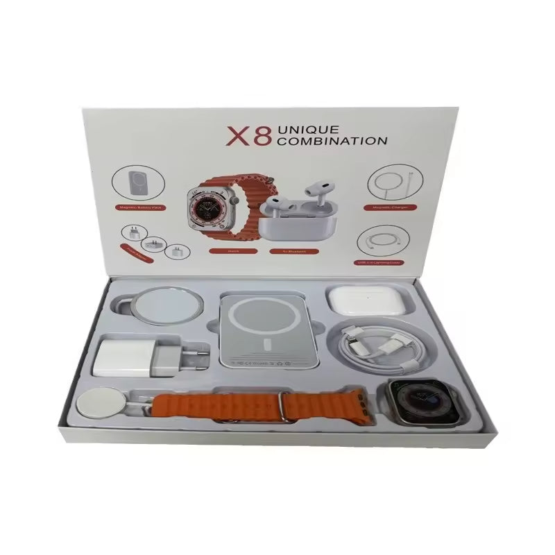 Potpuni set s Smartwatchom X8 2", bežičnim in-ear slušalicama, punjačem, kablovima, vanjskom baterijom - 8 u 1