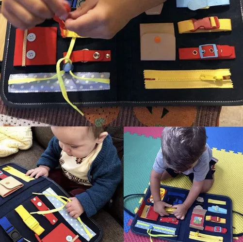Montessori senzorno igračka s 14 elemenata, u obliku torbe s edukativnim aktivnostima za razvoj finih motoričkih vještina kod male djece.