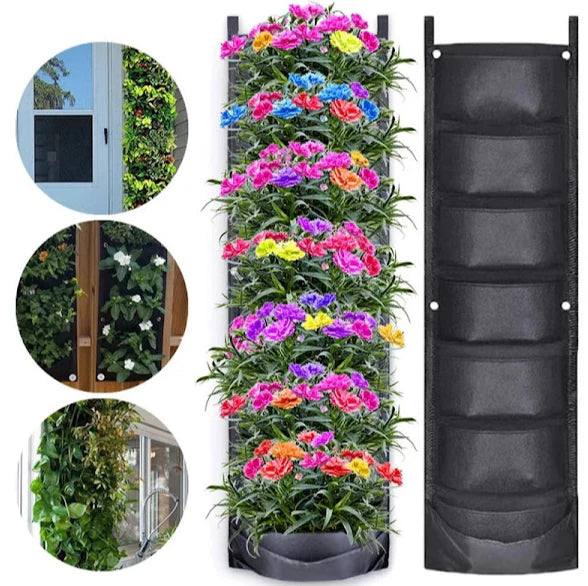 Crna Viseća Jardinijera sa 6 Džepova od Tekstilnog Materijala
