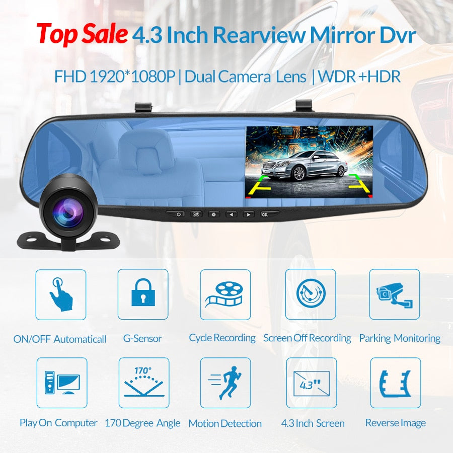 Retrovizor 4.5 inča s HD 1080P kamerom, auto DVR, s ugrađenim mikrofonom i zvučnikom + dodatna kamera za vožnju unatrag