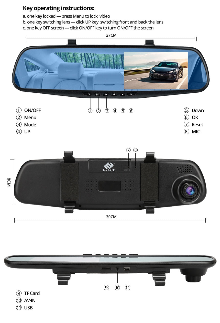 Retrovizor 4.5 inča s HD 1080P kamerom, auto DVR, s ugrađenim mikrofonom i zvučnikom + dodatna kamera za vožnju unatrag