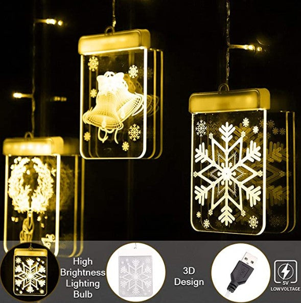 Božićna instalacija u obliku zavjese sa 6 LED 3D figurica, 3M, žuta