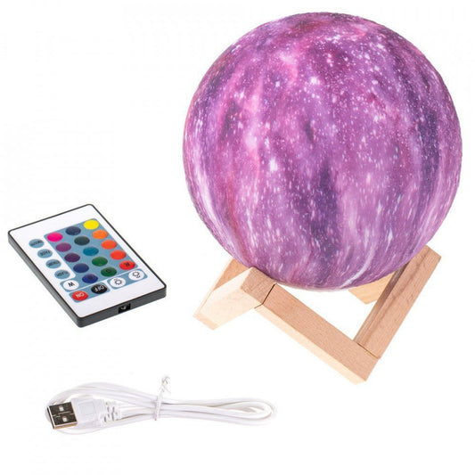 Galaxy 3D Luna lampa sa 16 LED boja, daljinskim upravljačem i drvenim postoljem