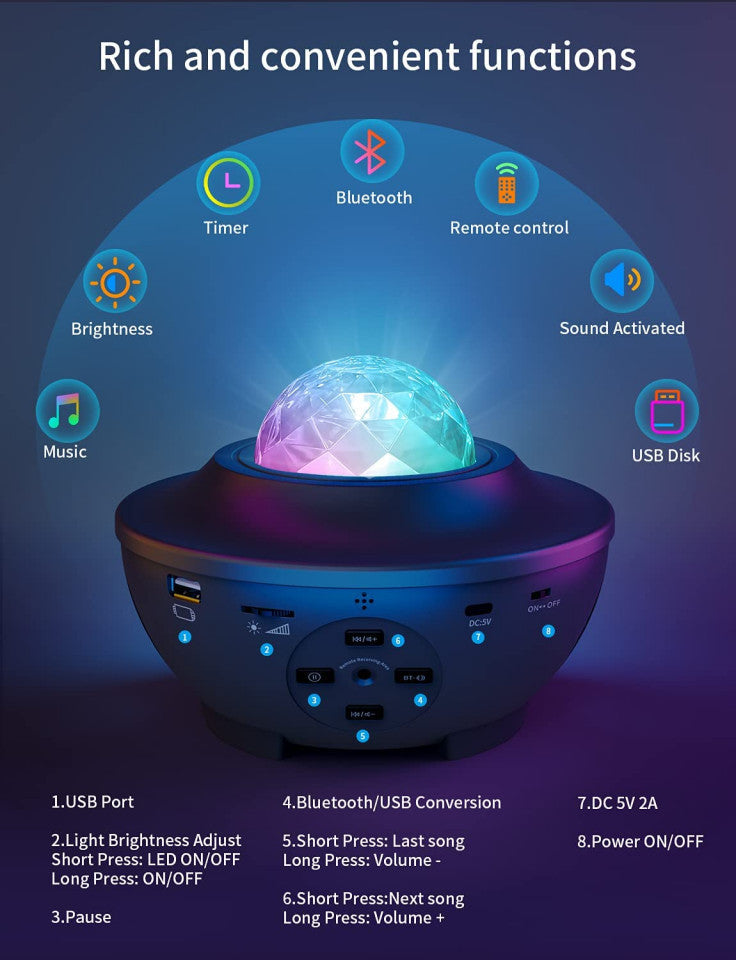 LED projektor 'Galaxy Projector' sa zvučnikom i daljinskim upravljačem, crni