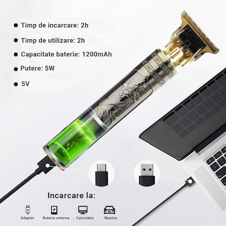 Mašinica za šišanje sa baterijom, 5W, model dragon, USB punjenje, zlatna