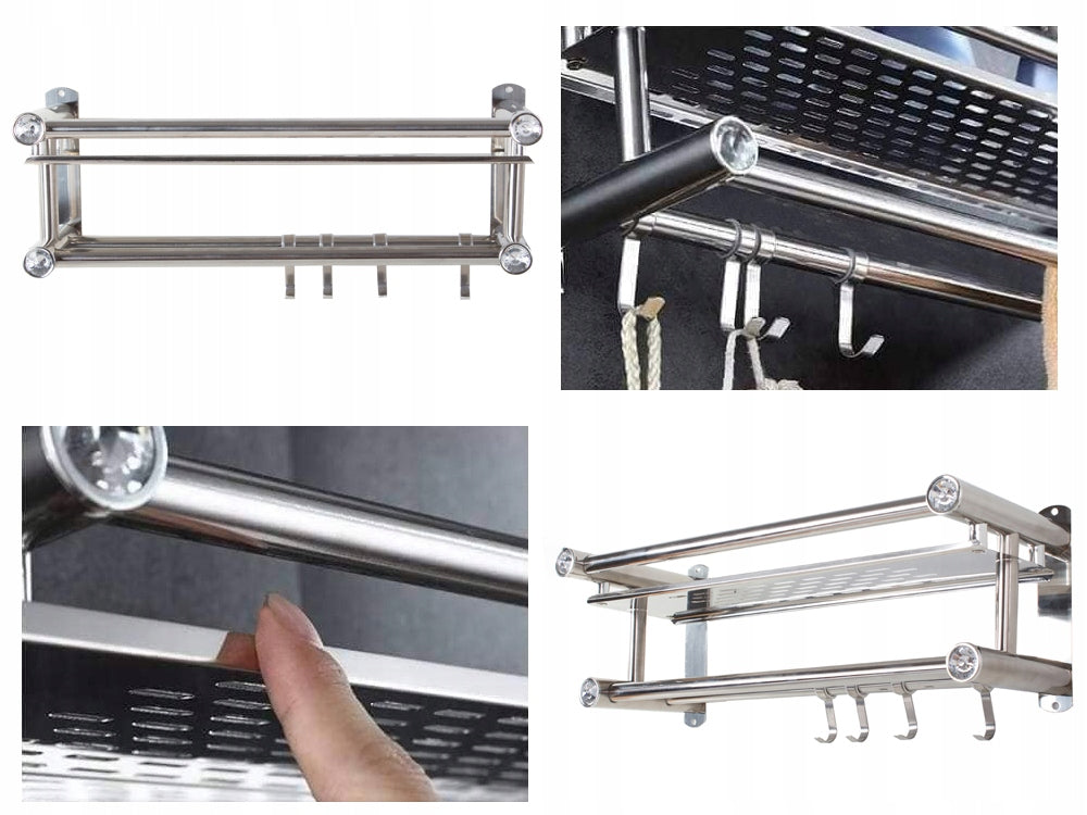 Elegantna Polica za Kupaonicu i Tuš, od Nehrđajućeg Čelika, s Kukama i Šipkama za Ručnike