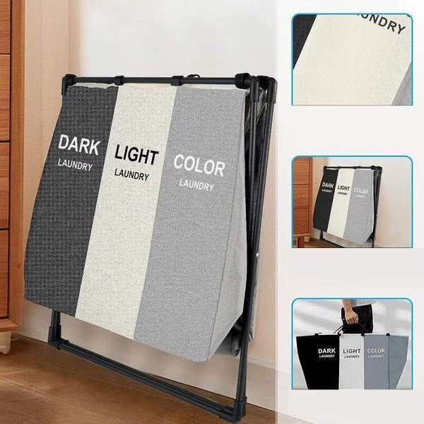 Košara za prljavo rublje s 3 pretinca, sklopiva, za sortiranje i organizaciju odjeće, tekstilni materijal, aluminijski okvir, dimenzije 62 x 34 x 56 cm